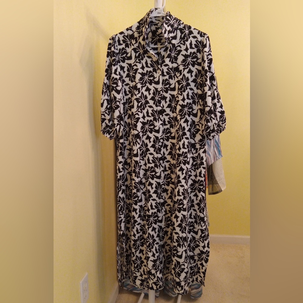 Elegant Black and White Floral Long Sleeve Dress and Pants